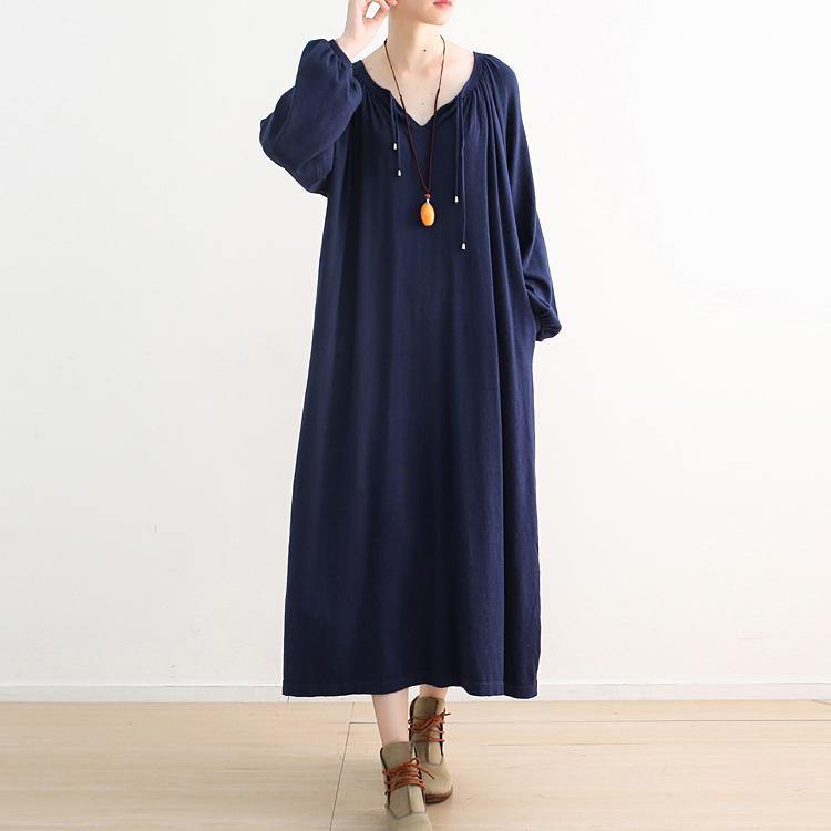 Winter fashion dark navy knit dress oversized V neck long knit sweaters 2018 Puff Sleeve wrinkled dresses - Omychic