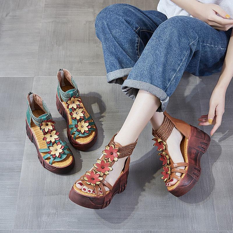 Vintage Ethnic Leather Floral High Heel Sandals