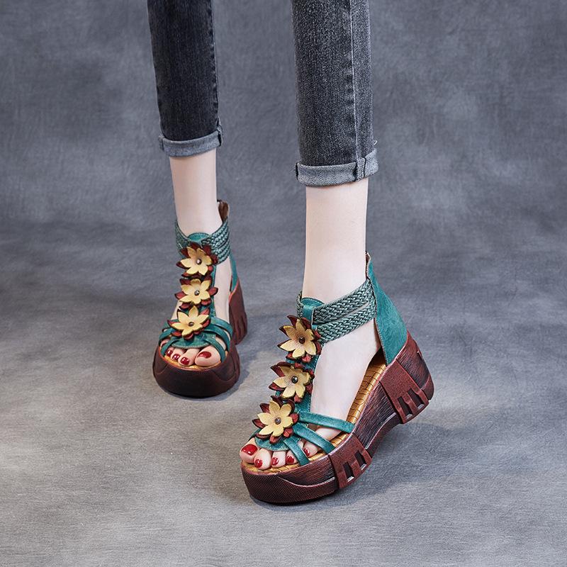 Vintage Ethnic Leather Floral High Heel Sandals