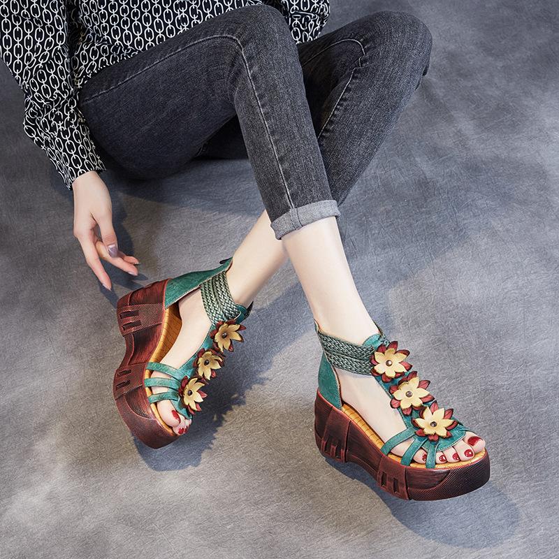 Vintage Ethnic Leather Floral High Heel Sandals