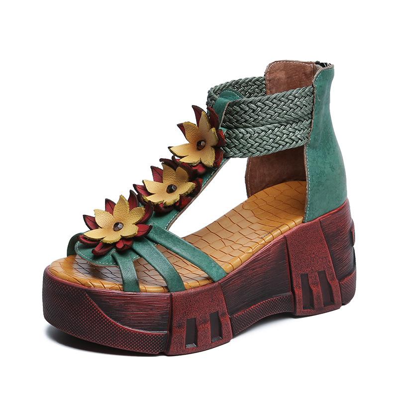 Vintage Ethnic Leather Floral High Heel Sandals