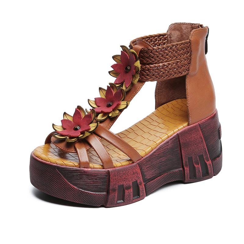 Vintage Ethnic Leather Floral High Heel Sandals