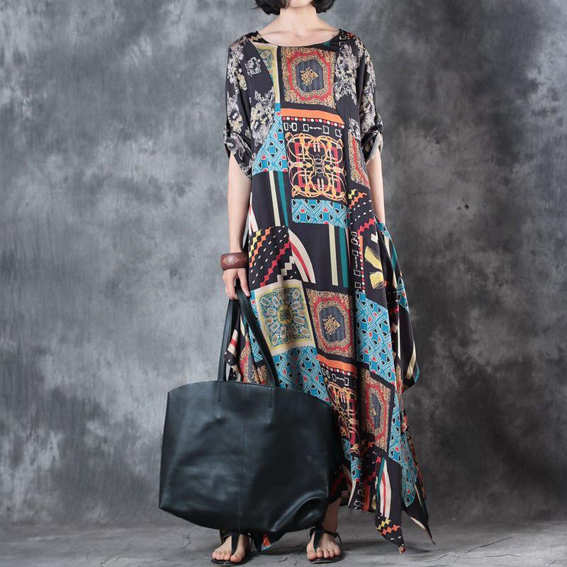 Vintage Floral Silk Dress Casual O Neck Asymmetric Silk Dress ( Limited Stock) - Omychic