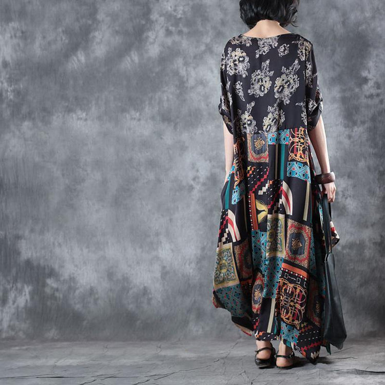 Vintage Floral Silk Dress Casual O Neck Asymmetric Silk Dress ( Limited Stock) - Omychic