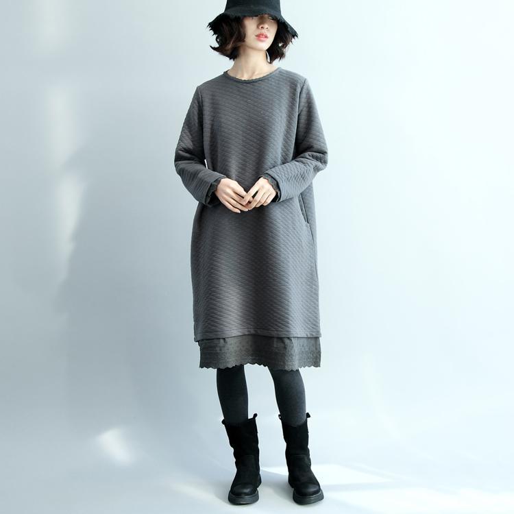 vintage gray  cotton dresses casual traveling clothing o neck boutique patchwork midi dress - Omychic