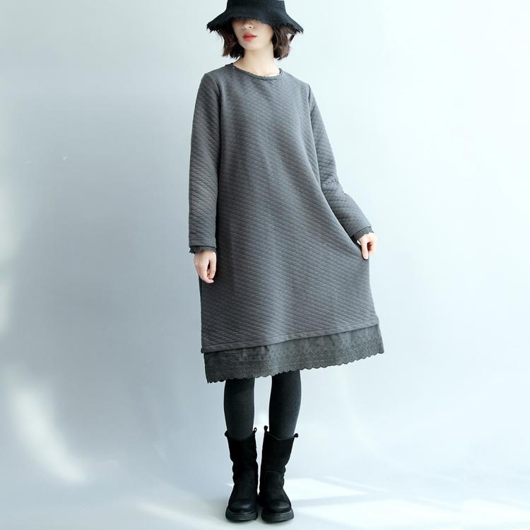 vintage gray  cotton dresses casual traveling clothing o neck boutique patchwork midi dress - Omychic