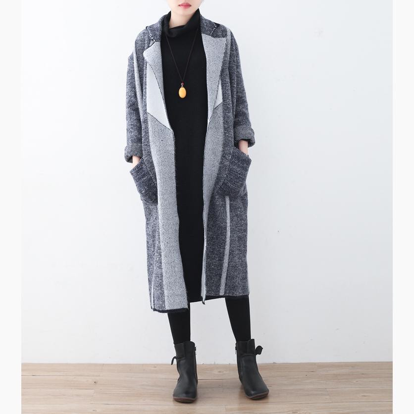 vintage gray coat for woman casual maxi coat Notched outwear patchwork pockets long coats - Omychic