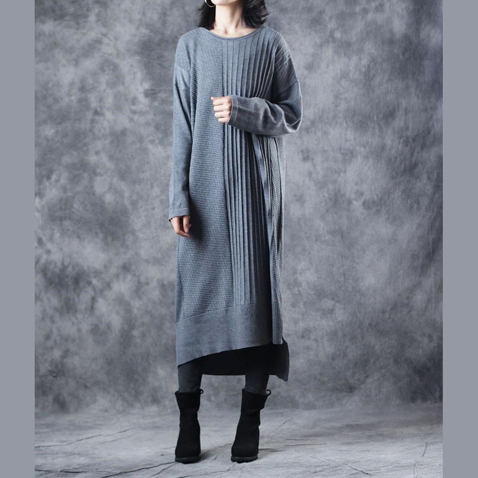 Vintage Gray Knit Dresses Loose Fitting O Neck Long Knit Sweaters Casual Asymmetric Winter Dresses - Omychic