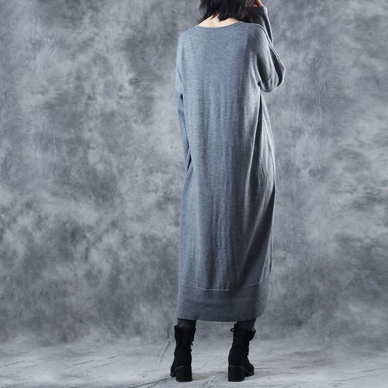 Vintage Gray Knit Dresses Loose Fitting O Neck Long Knit Sweaters Casual Asymmetric Winter Dresses - Omychic