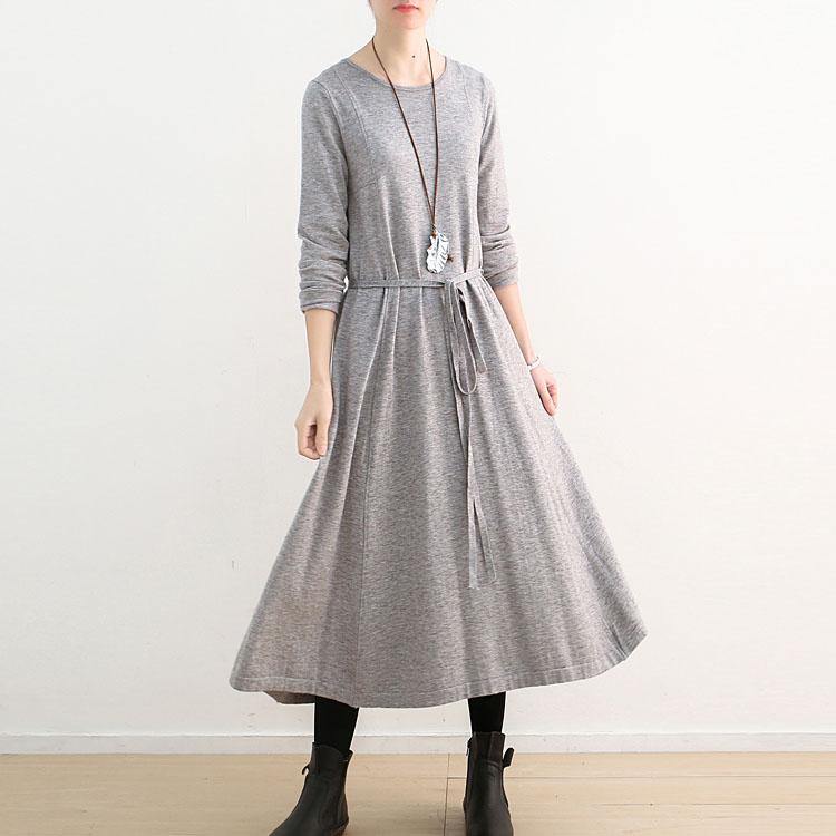 vintage gray knit dresses oversized o neck spring dresses boutique tie waist pullover sweater - Omychic