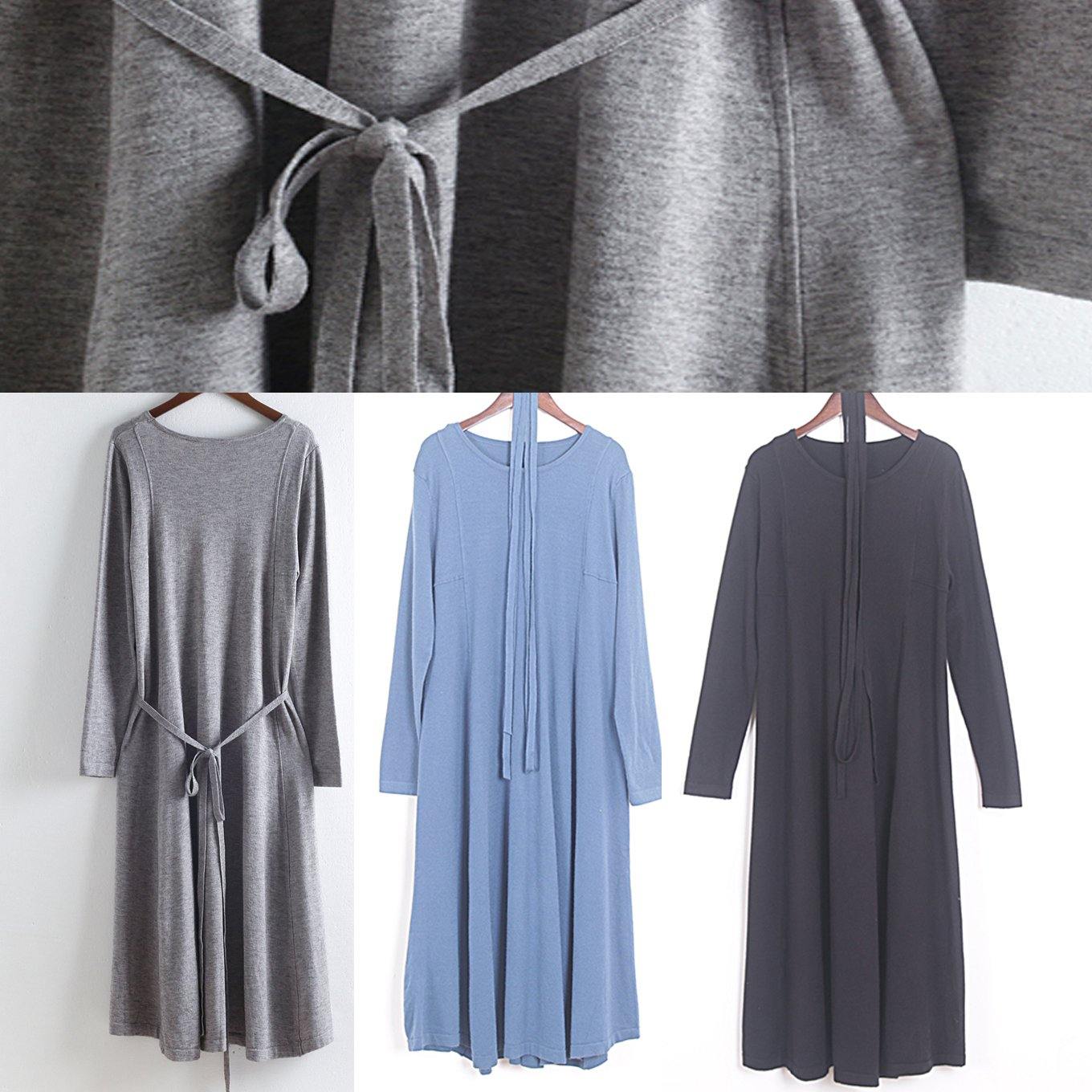 vintage gray knit dresses oversized o neck spring dresses boutique tie waist pullover sweater - Omychic