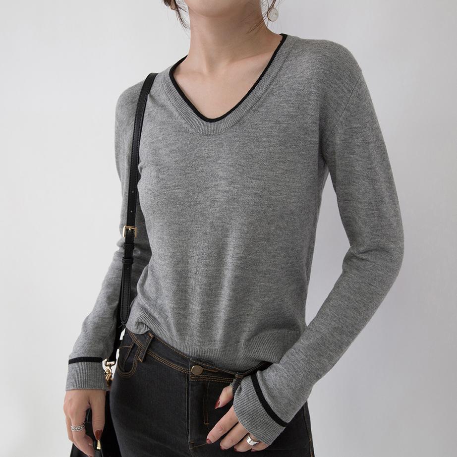 vintage gray knit sweaters oversize V neck knitted blouses Elegant slim side open sweaters - Omychic