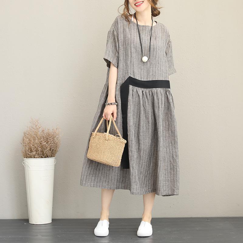 vintage gray natural linen dress casual O neck short sleeve linen clothing dresses boutique striped tie waist gown - Omychic