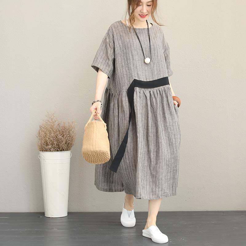 vintage gray natural linen dress casual O neck short sleeve linen clothing dresses boutique striped tie waist gown - Omychic