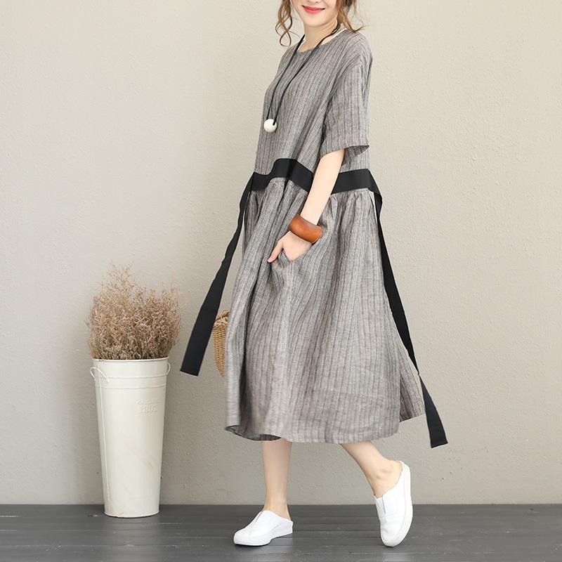vintage gray natural linen dress casual O neck short sleeve linen clothing dresses boutique striped tie waist gown - Omychic