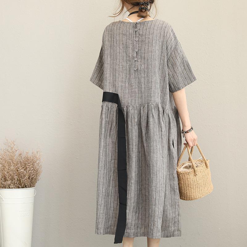 vintage gray natural linen dress casual O neck short sleeve linen clothing dresses boutique striped tie waist gown - Omychic