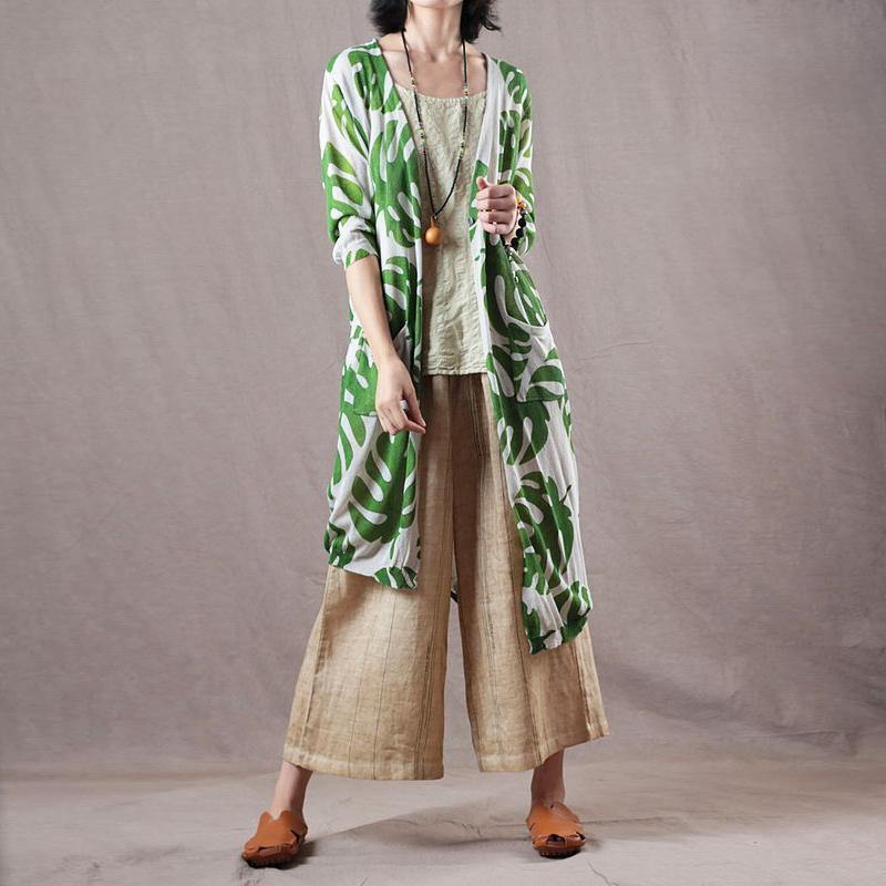 vintage green prints linen Midi-length  tops Loose fitting linen cotton cardigan Elegant long sleeve v neck linen clothing - Omychic