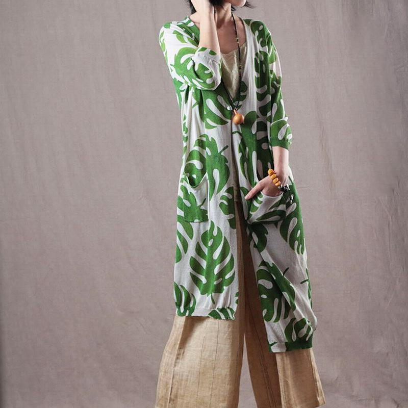 vintage green prints linen Midi-length  tops Loose fitting linen cotton cardigan Elegant long sleeve v neck linen clothing - Omychic