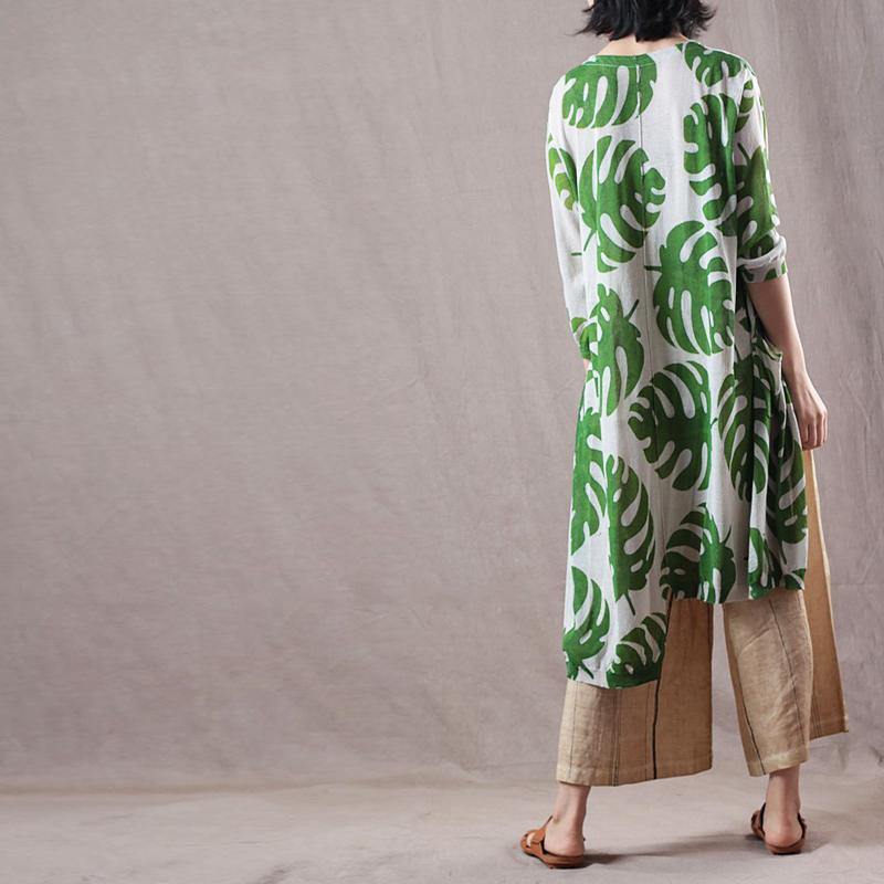 vintage green prints linen Midi-length  tops Loose fitting linen cotton cardigan Elegant long sleeve v neck linen clothing - Omychic