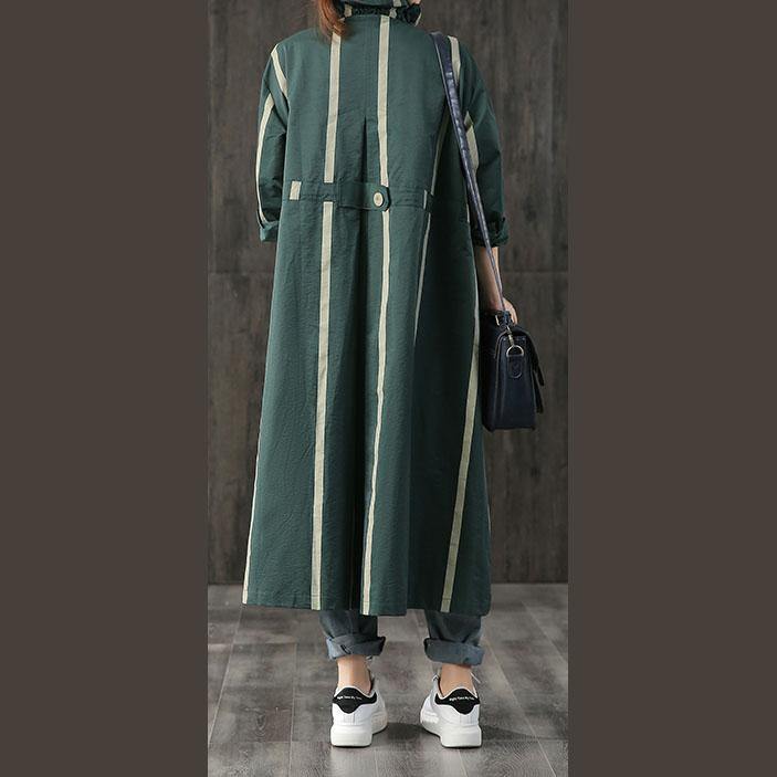 vintage green striped coats trendy plus size long fall zippered pockets - Omychic