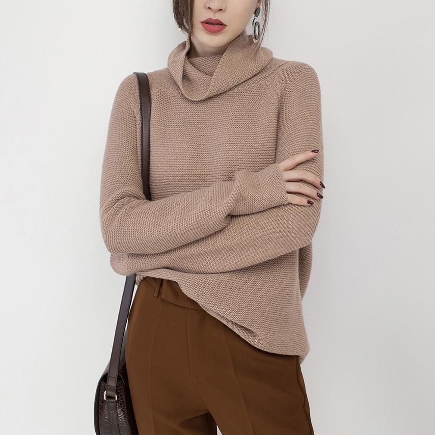 vintage khaki cozy sweater oversize high neck knitted tops Elegant baggy blouse - Omychic