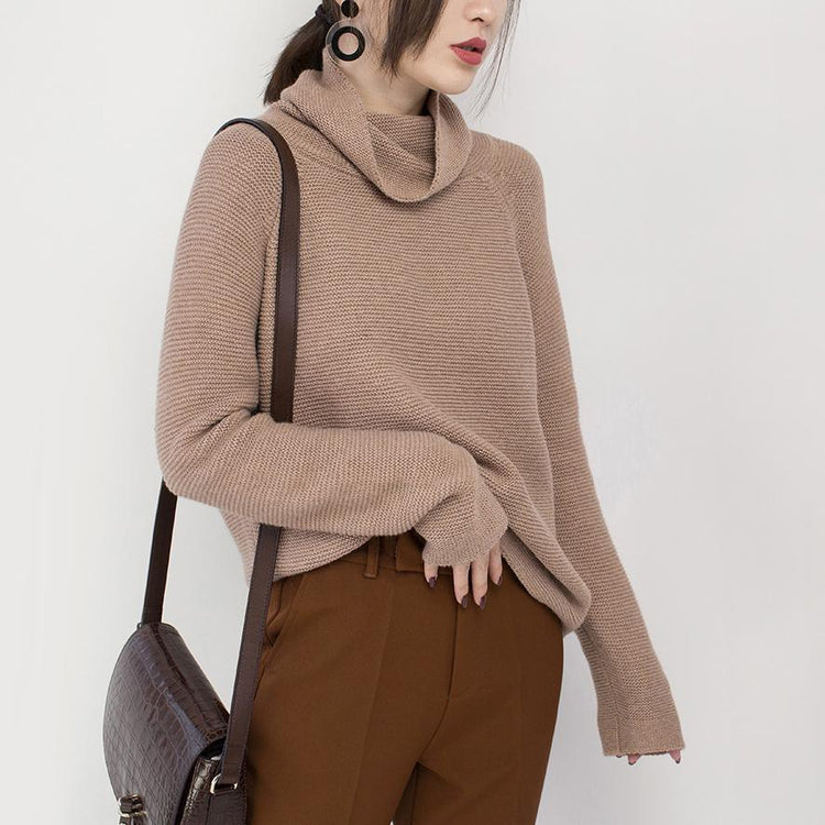 vintage khaki cozy sweater oversize high neck knitted tops Elegant baggy blouse - Omychic