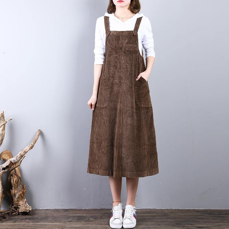 vintage khaki natural corduroy dress  casual sleeveless clothing dresses casual caftans - Omychic