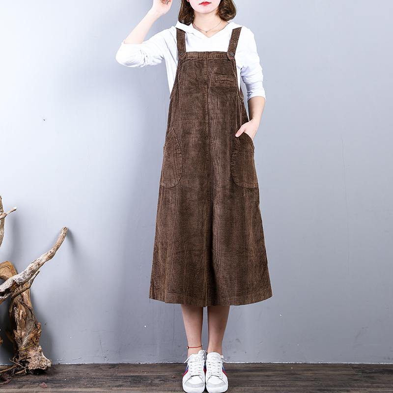 vintage khaki natural corduroy dress  casual sleeveless clothing dresses casual caftans - Omychic