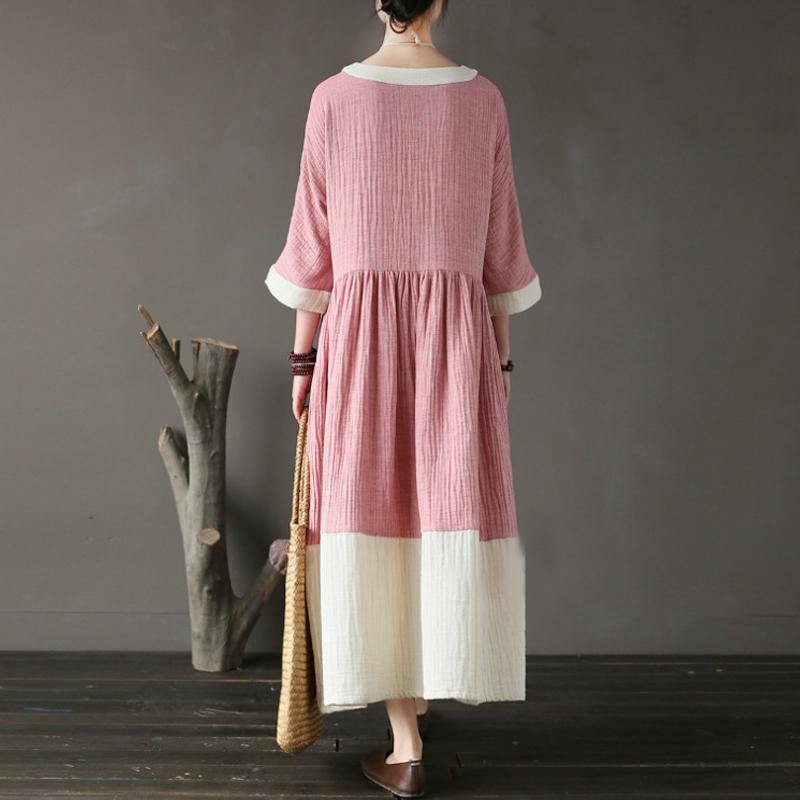 vintage long cotton dresses oversized Cotton Pink Loose Round Neck Long Women Dress - Omychic