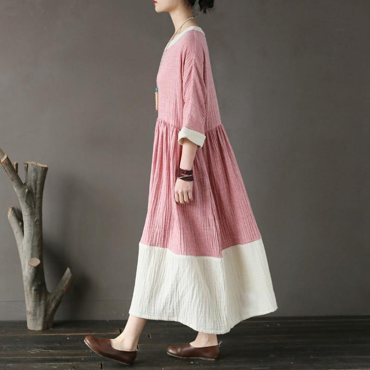 vintage long cotton dresses oversized Cotton Pink Loose Round Neck Long Women Dress - Omychic