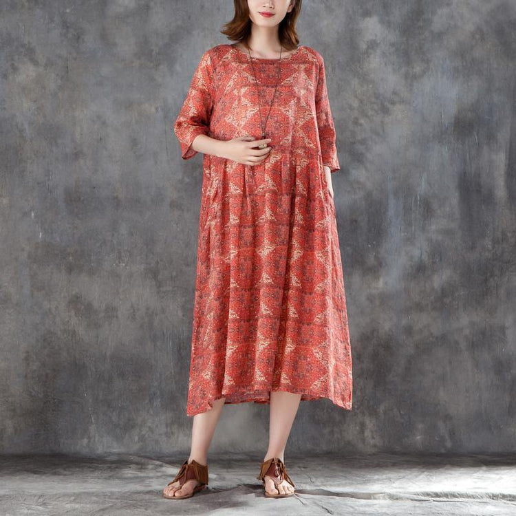 vintage long linen dress plus size Women Linen Printed Pleated Pockets 12 Sleeve Dress - Omychic