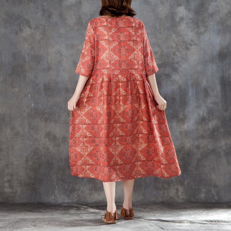 vintage long linen dress plus size Women Linen Printed Pleated Pockets 12 Sleeve Dress - Omychic