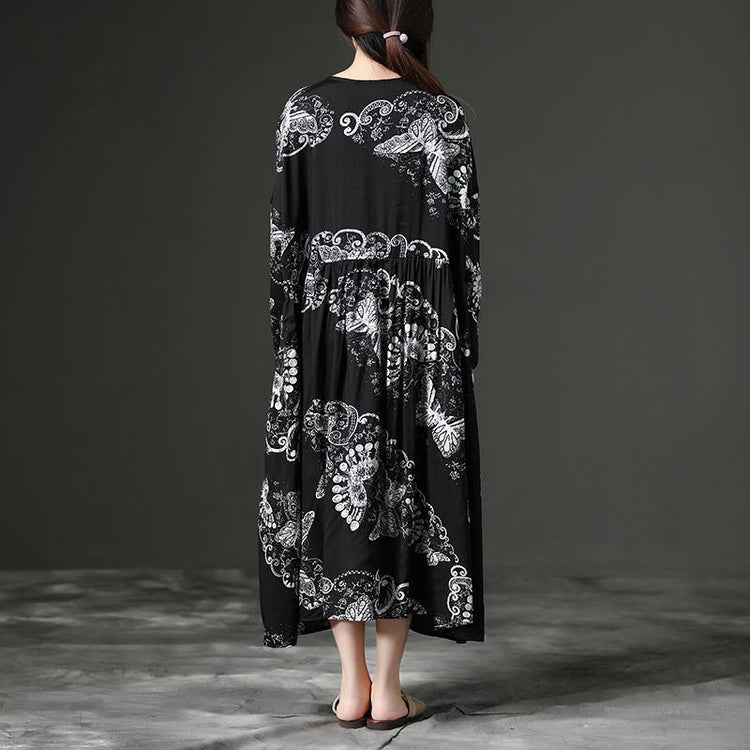 vintage long linen dress stylish Loose Linen Long Sleeve Black Floral Casual Women Dress - Omychic