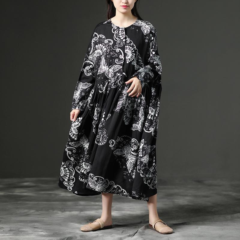 vintage long linen dress trendy plus size Loose Linen Long Sleeve Black Floral Casual Women Dress - Omychic