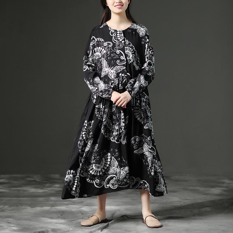 vintage long linen dress trendy plus size Loose Linen Long Sleeve Black Floral Casual Women Dress - Omychic