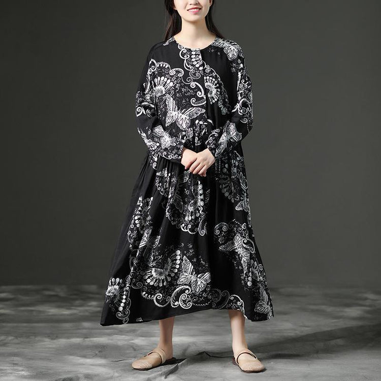 vintage long linen dress trendy plus size Loose Linen Long Sleeve Black Floral Casual Women Dress - Omychic