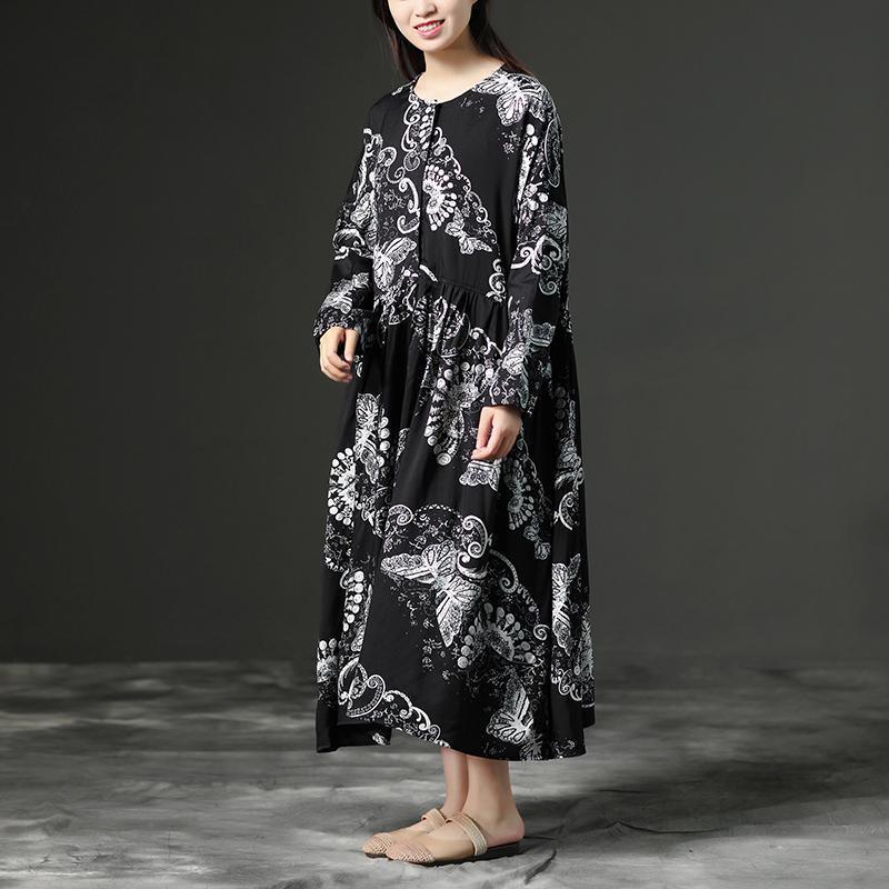 vintage long linen dress trendy plus size Loose Linen Long Sleeve Black Floral Casual Women Dress - Omychic