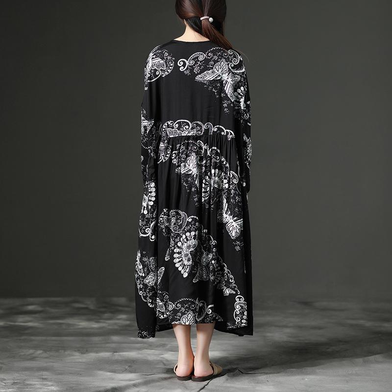 vintage long linen dress trendy plus size Loose Linen Long Sleeve Black Floral Casual Women Dress - Omychic