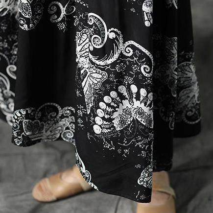 vintage long linen dress trendy plus size Loose Linen Long Sleeve Black Floral Casual Women Dress - Omychic