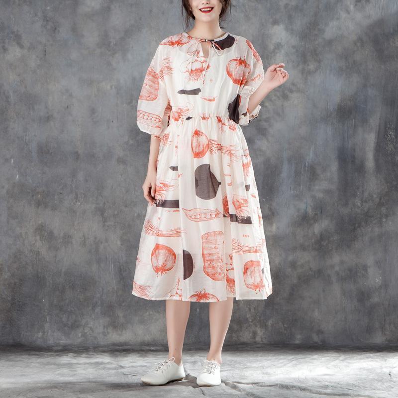 vintage long silk linen dresses plus size Women Summer Half Sleeve Printed Pleated Dress - Omychic