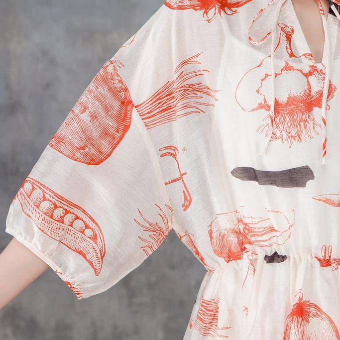 vintage long silk linen dresses plus size Women Summer Half Sleeve Printed Pleated Dress - Omychic