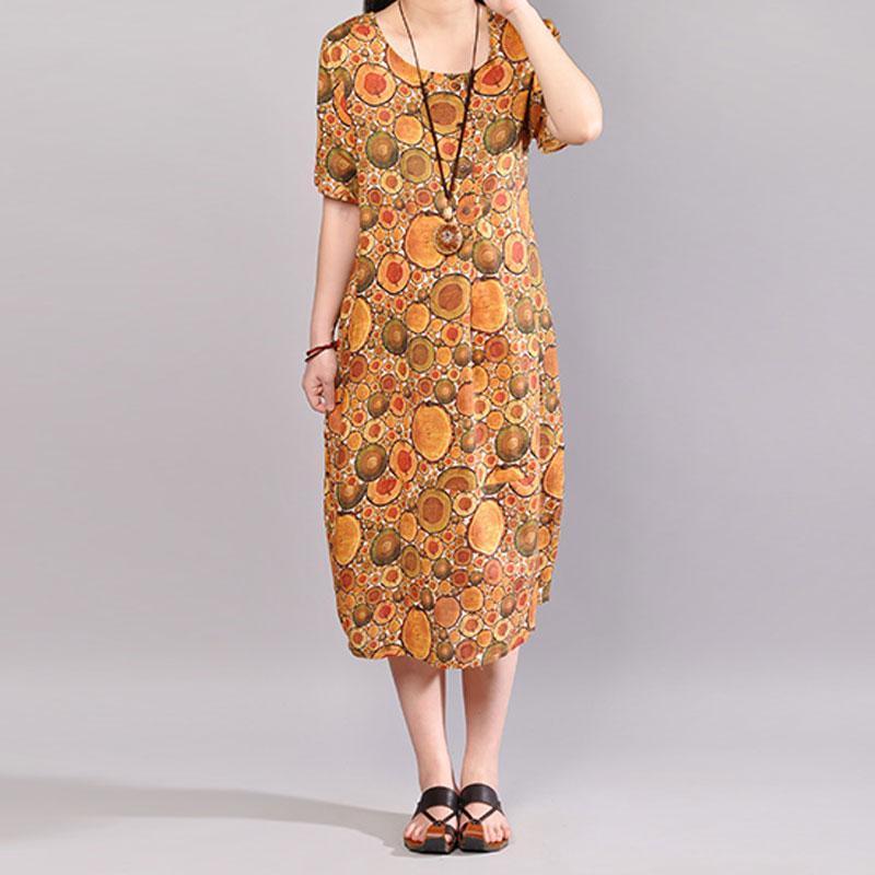 vintage natural cotton dress oversized Women Printed Summer Short Sleeve Pullover Dress - Omychic