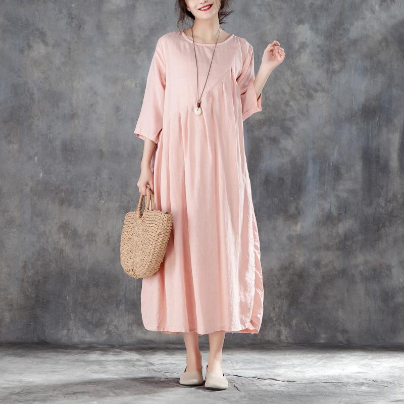 Vintage Natural Linen Dress Oversize Linen Round Neck Three Quarter Sleeve Pink Pleated Dress ( Limited Stock) - Omychic
