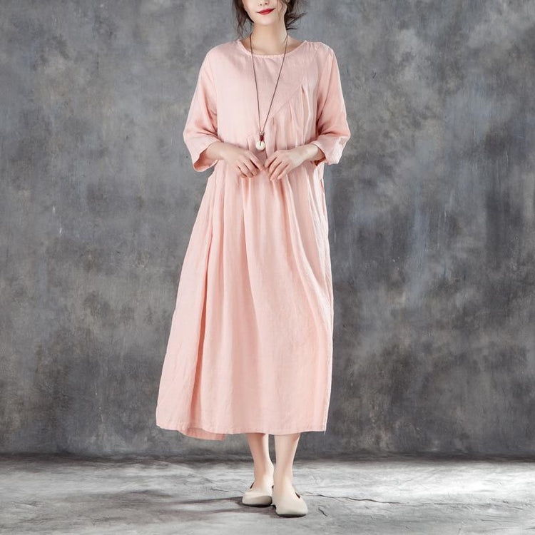 Vintage Natural Linen Dress Oversize Linen Round Neck Three Quarter Sleeve Pink Pleated Dress ( Limited Stock) - Omychic