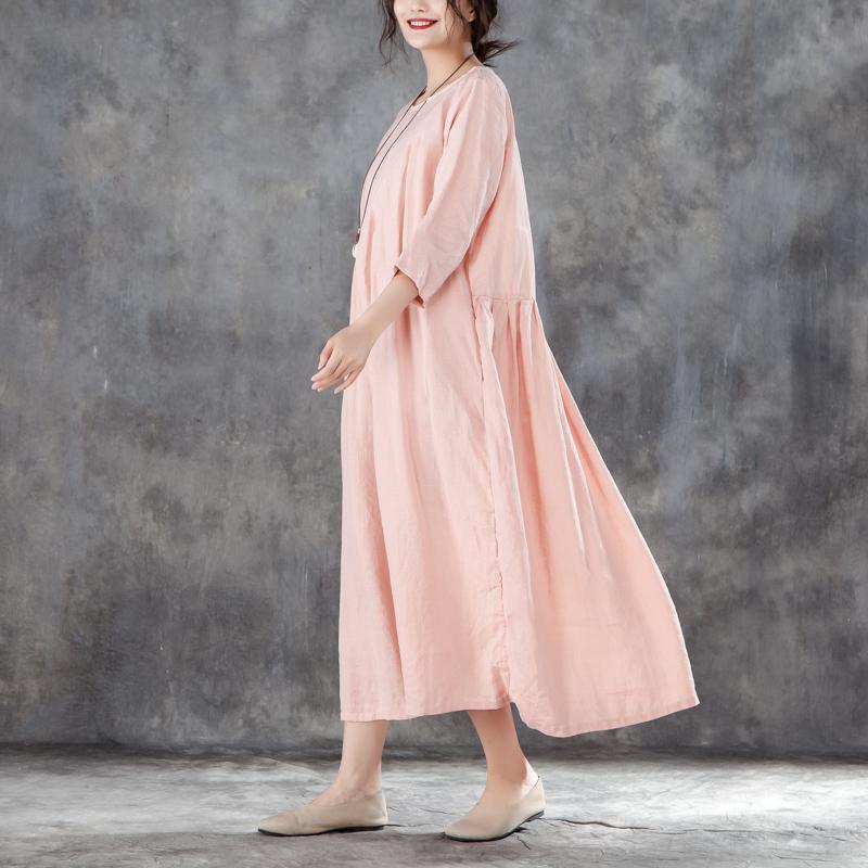 Vintage Natural Linen Dress Oversize Linen Round Neck Three Quarter Sleeve Pink Pleated Dress ( Limited Stock) - Omychic