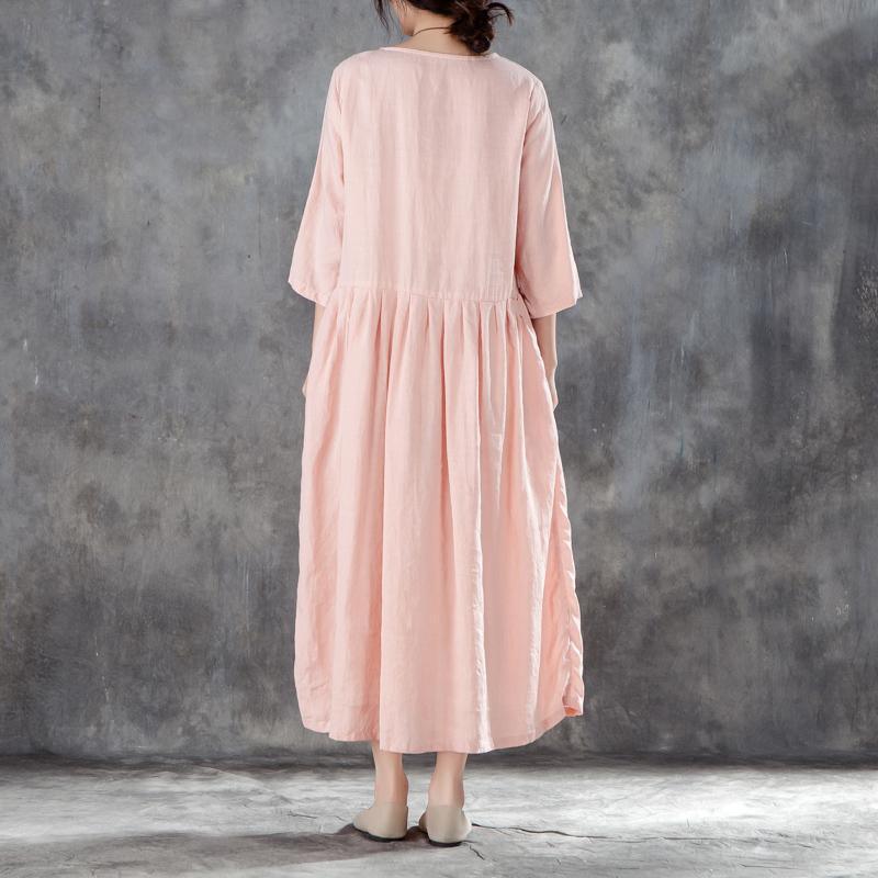 Vintage Natural Linen Dress Oversize Linen Round Neck Three Quarter Sleeve Pink Pleated Dress ( Limited Stock) - Omychic