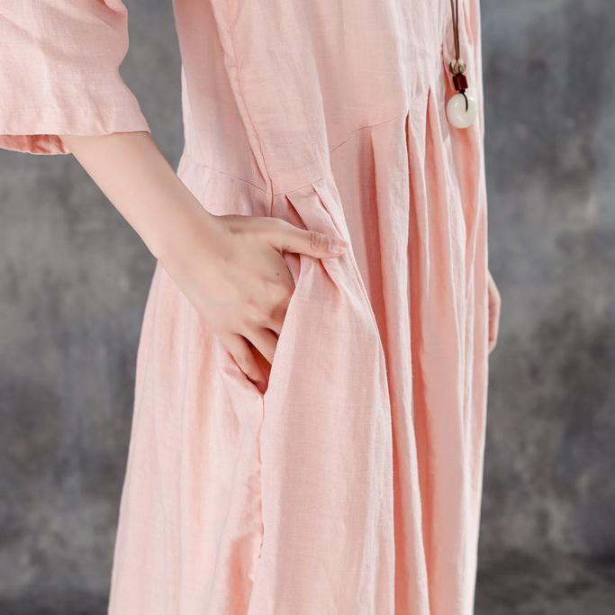 Vintage Natural Linen Dress Oversize Linen Round Neck Three Quarter Sleeve Pink Pleated Dress ( Limited Stock) - Omychic