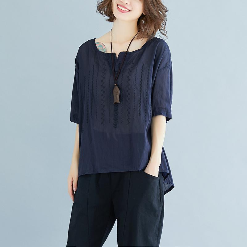 vintage natural linen t shirt oversize Summer High-low Hem Women Short Sleeve Loose Navy Blue Blouse - Omychic