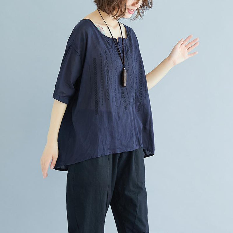 vintage natural linen t shirt oversize Summer High-low Hem Women Short Sleeve Loose Navy Blue Blouse - Omychic