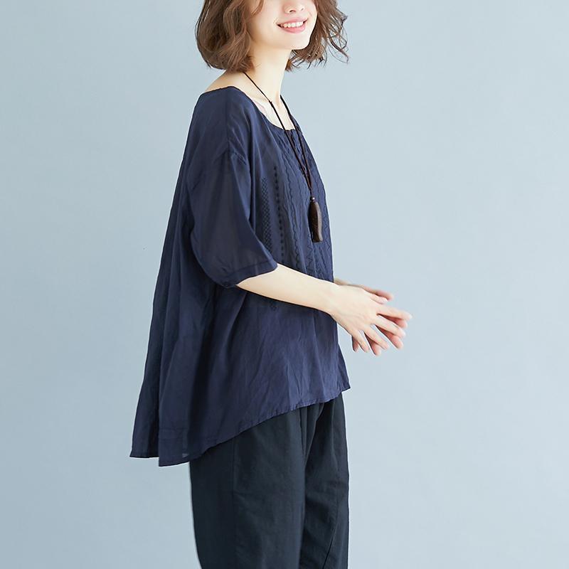 vintage natural linen t shirt oversize Summer High-low Hem Women Short Sleeve Loose Navy Blue Blouse - Omychic